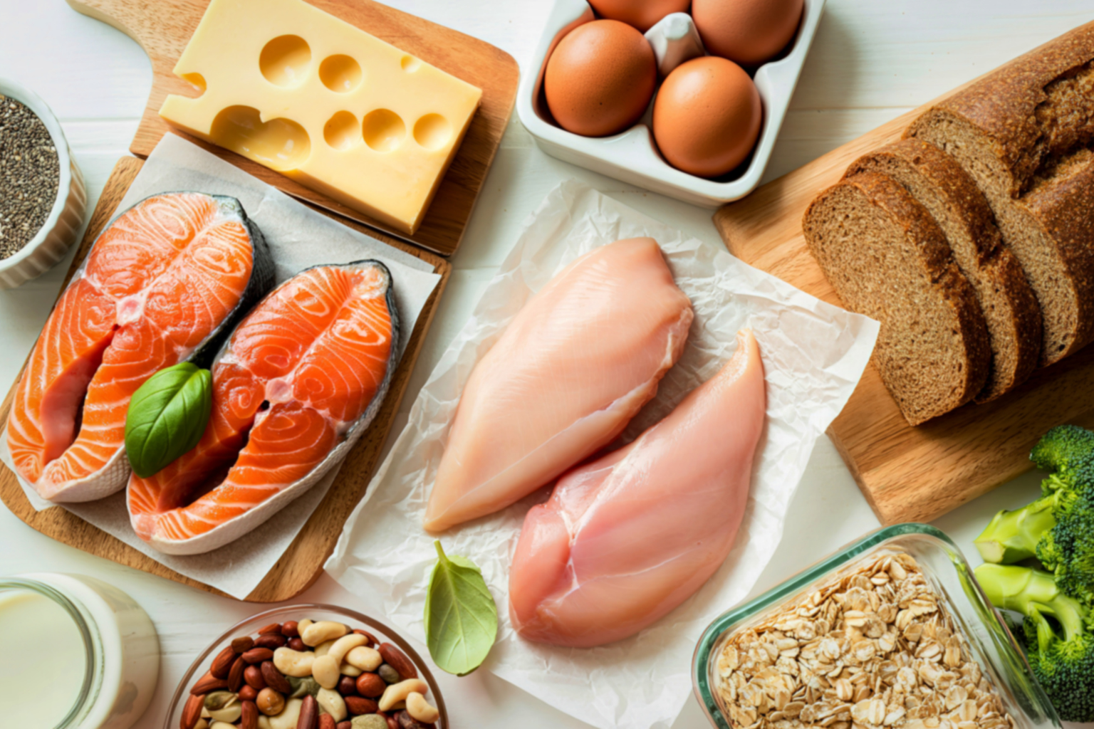 Des plats sains et équilibrés : oléagineux, saumon, blanc de poulet, pain au blé complet...