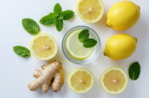 verre d'eau avec citron, gingembre et menthe