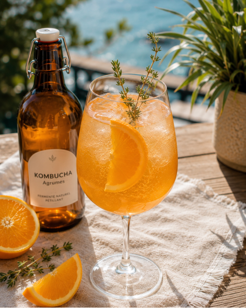 Spritz Kombucha aromatisé aux agrumes en terrasse avec vue mer