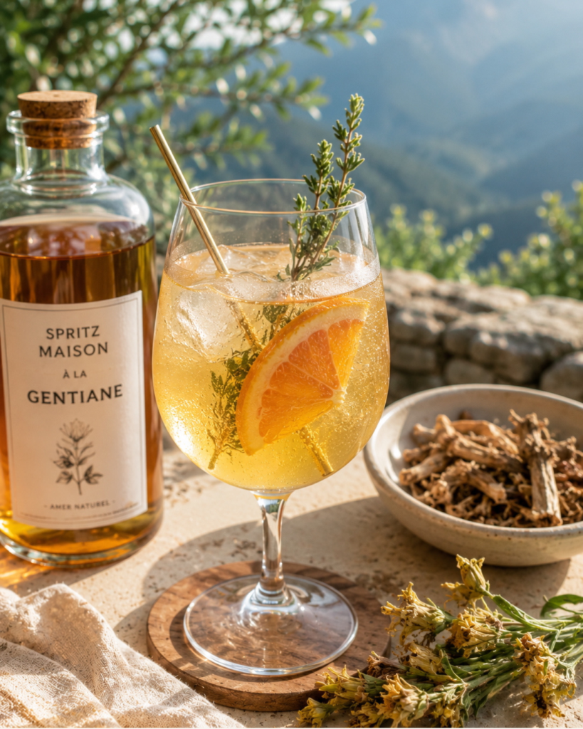 Spritz maison avec de la gentiane jaune disposé sur une terrasse au soleil