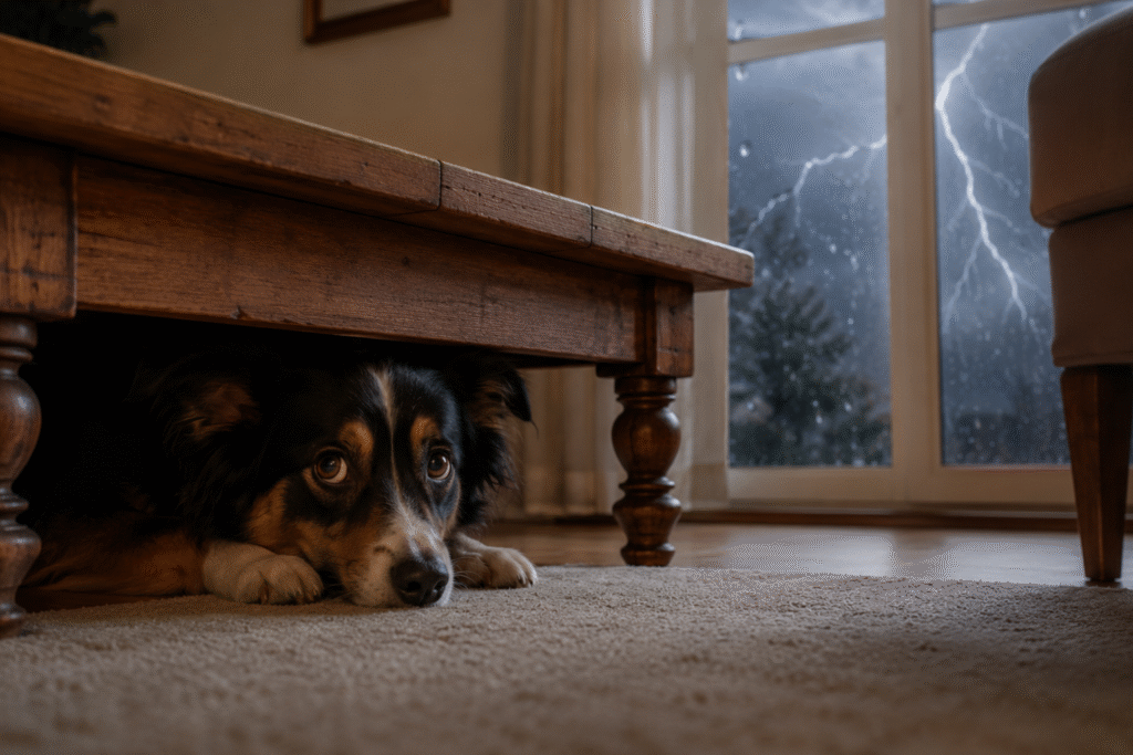 Un chien anxieux qui se cache sous un meuble pendant un orage