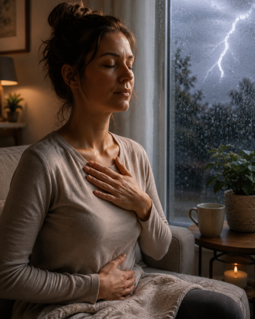 Une personne pratiquant la cohérence cardiaque pour apaiser son anxiété et sa peur de l'orage