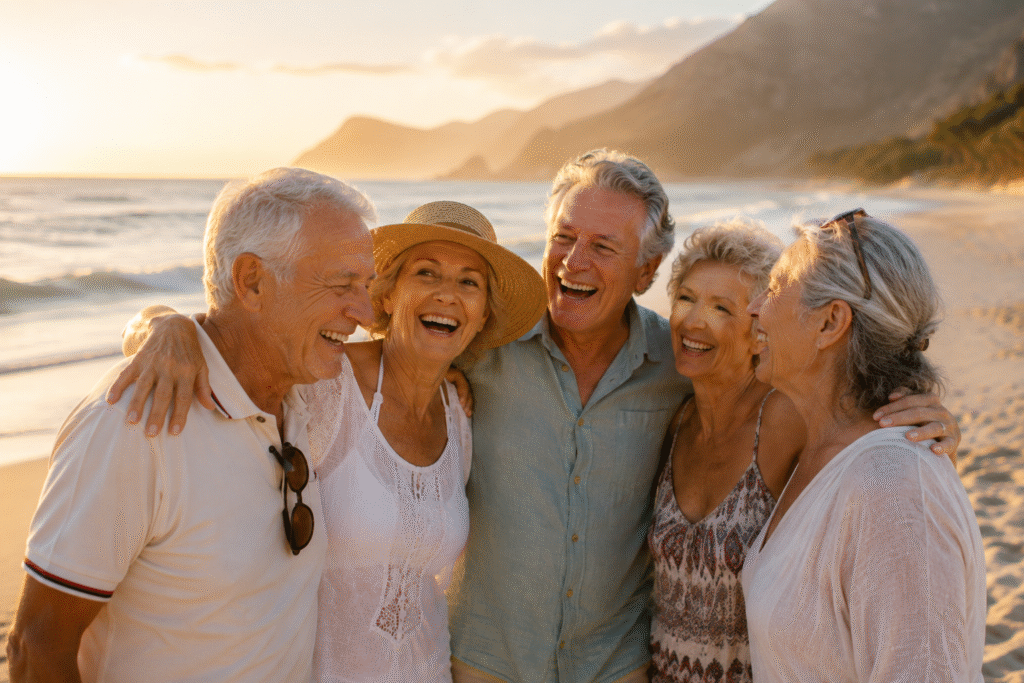 Un groupe de seniors apaisé à la plage