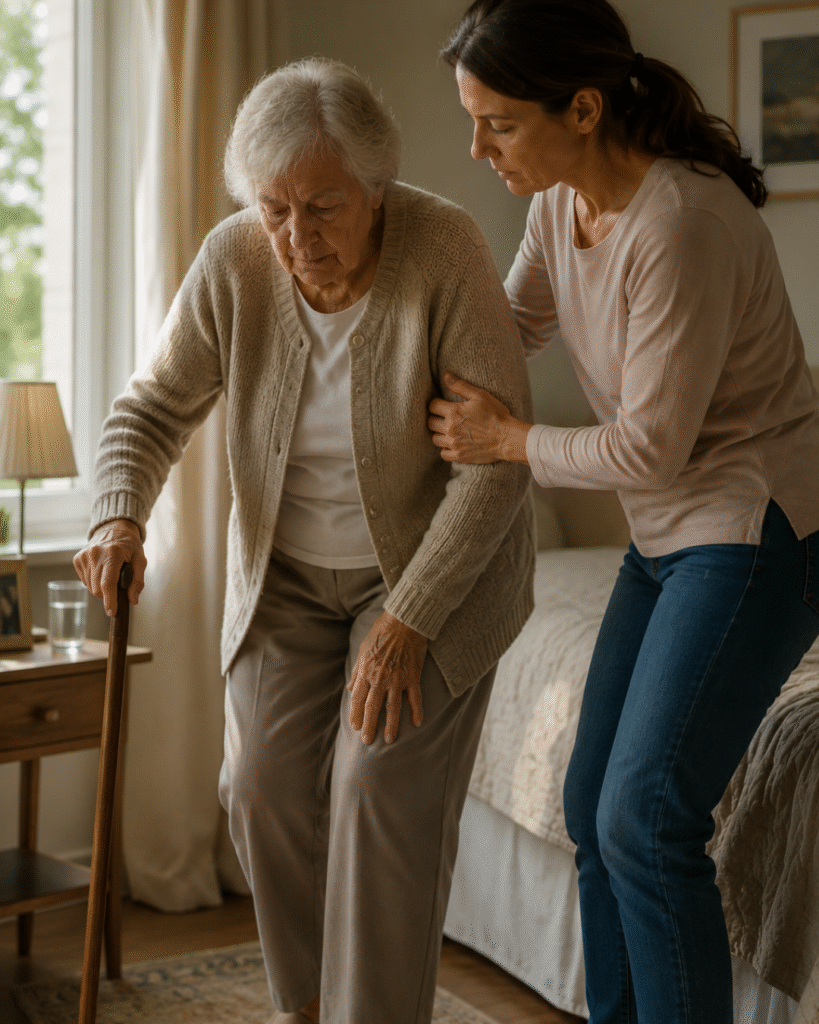 Une mamie avec une béquille qui est en perte d'autonomie