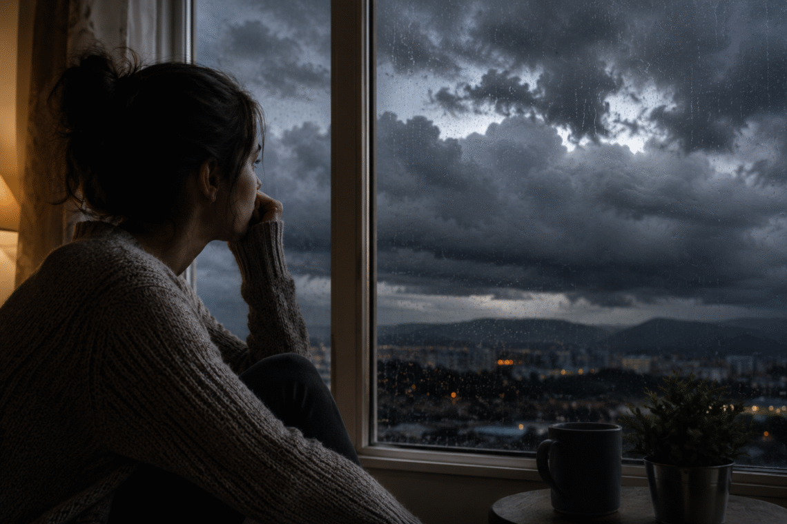 Une personne anxieuse qui regarde un ciel d'orage depuis sa fenêtre