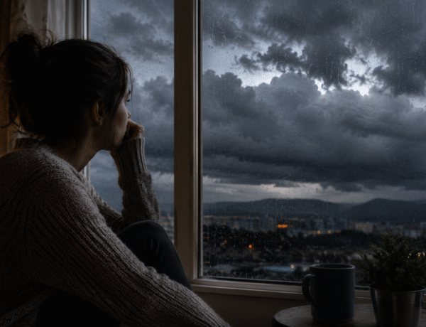 Une personne anxieuse qui regarde un ciel d'orage depuis sa fenêtre