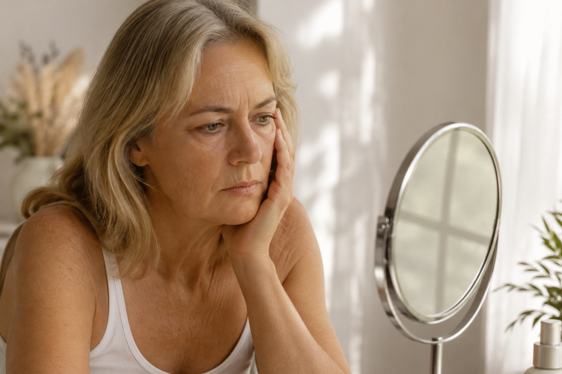 Une femme qui a peur de vieillir et qui regarde ses rides dans le miroir