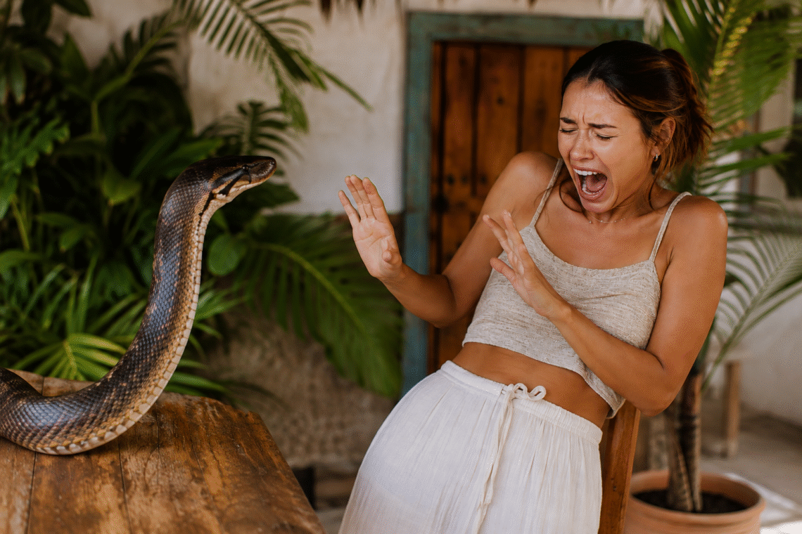 Une femme effrayée à la vue d'un serpent en vacances