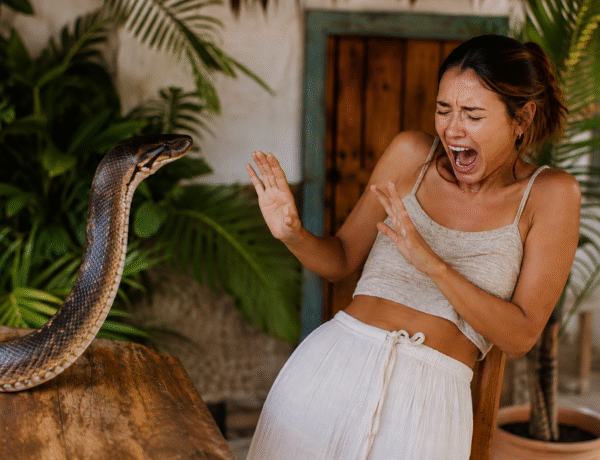 Une femme effrayée à la vue d'un serpent en vacances